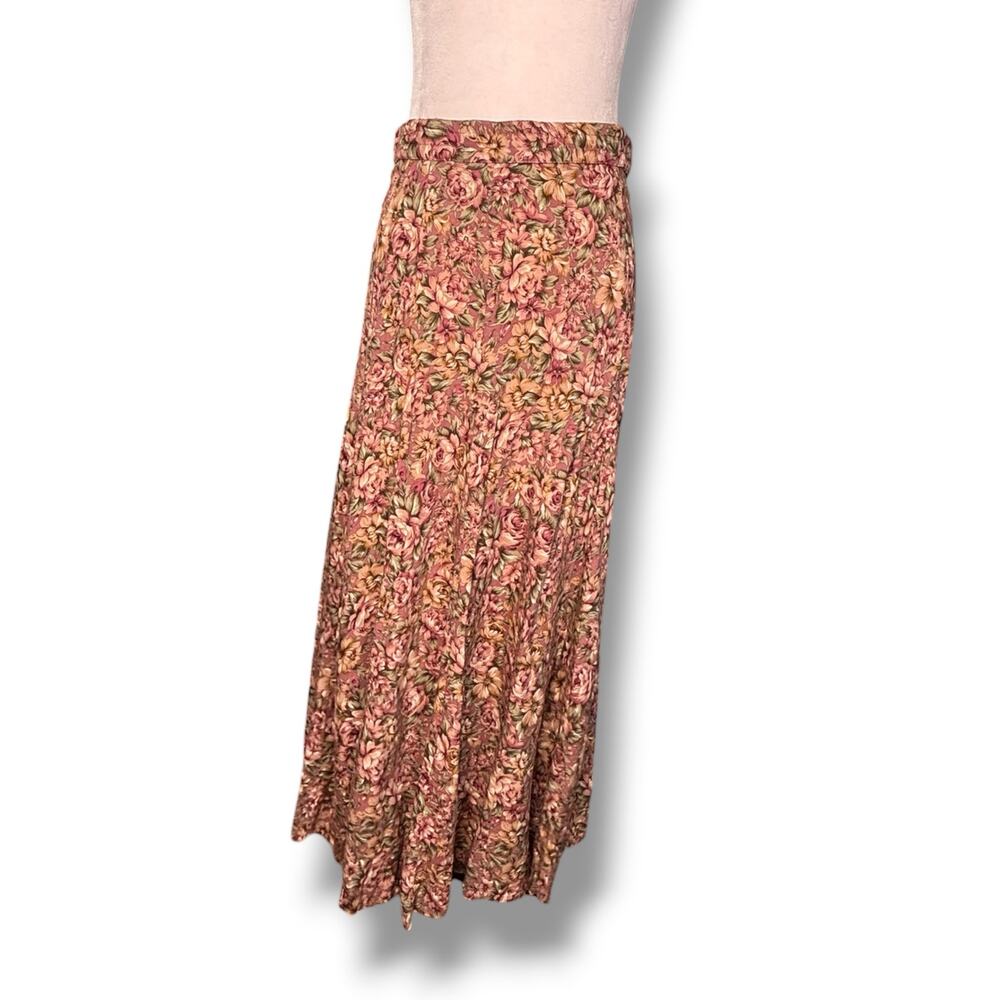 Vintage Floral Flowing Midi Skirt Pink Rose Print Button Front Cottage Romantic - Picture 5 of 11